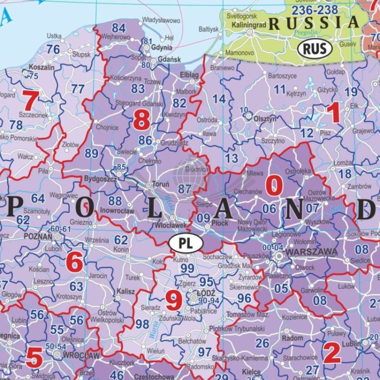 Europa 1:3 750 000. Mapa. Kody pocztowe. Język angielski. Wersja do wpinania. Fragment 1