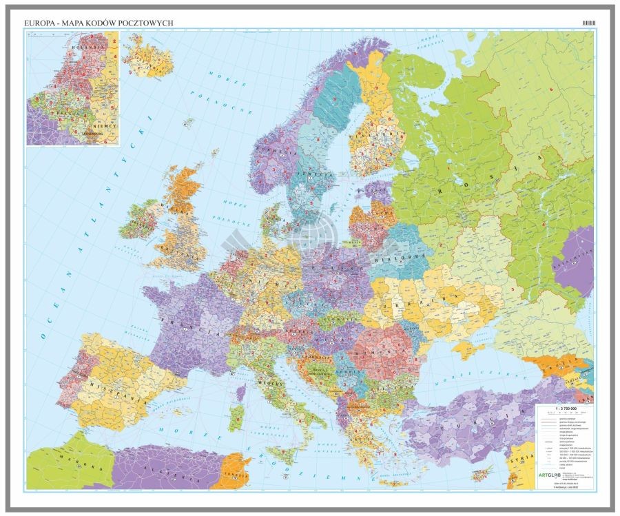 Europa  1:3 750 000. Mapa. Kody pocztowe. Język polski. Wersja do wpinania