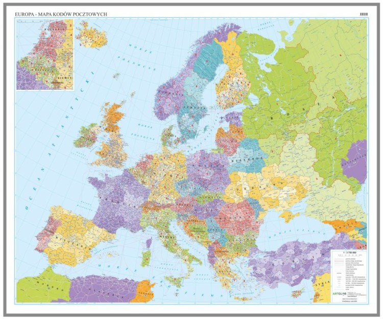 Europa 1:3 750 000. Mapa. Kody pocztowe. Język polski. Wersja do wpinania
