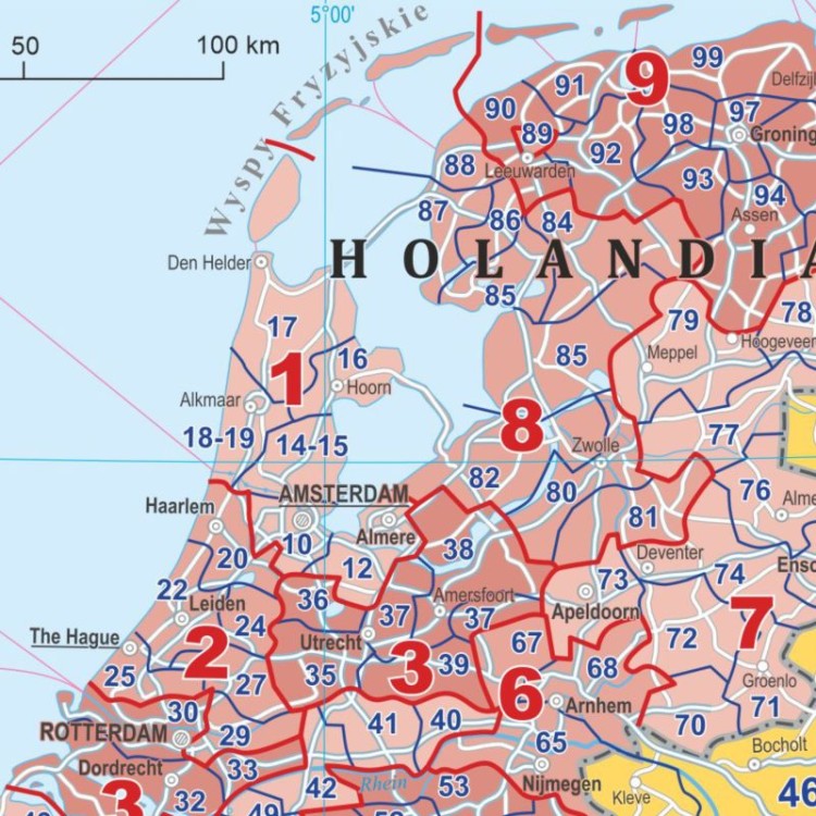Europa 1:3 750 000. Mapa. Kody pocztowe. Język polski. Wersja do wpinania. Fragment 1