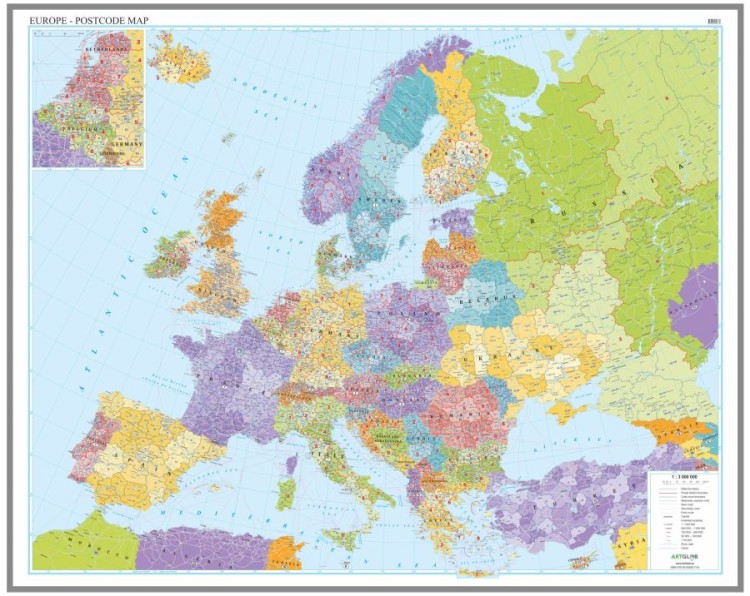 Europa 1:3 000 000. Mapa. Kody pocztowe. Język angielski. Wersja do wpinania