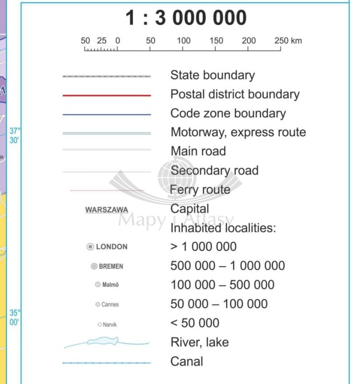 Europa 1:3 000 000. Mapa. Kody pocztowe. Język angielski. Wersja do wpinania. Legenda