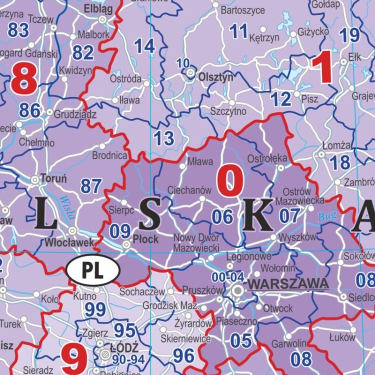 Europa 1:3 000 000. Mapa. Kody pocztowe. Język polski. Wersja do wpinania. Fragment 1