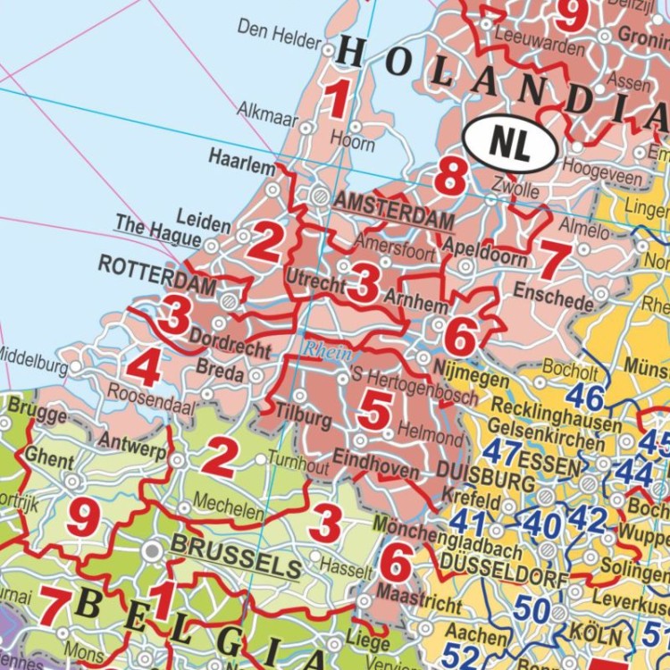 Europa 1:3 000 000. Mapa. Kody pocztowe. Język polski. Wersja do wpinania. Fragment 2