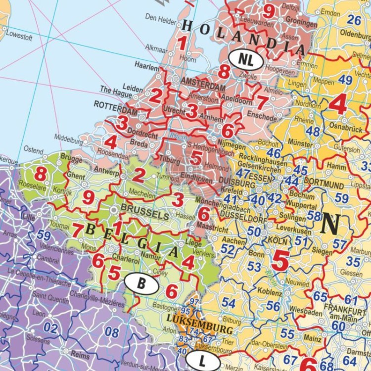 Europa 1:4 500 000. Mapa. Kody pocztowe. Język polski. Wersja magnetyczna. Fragment 2