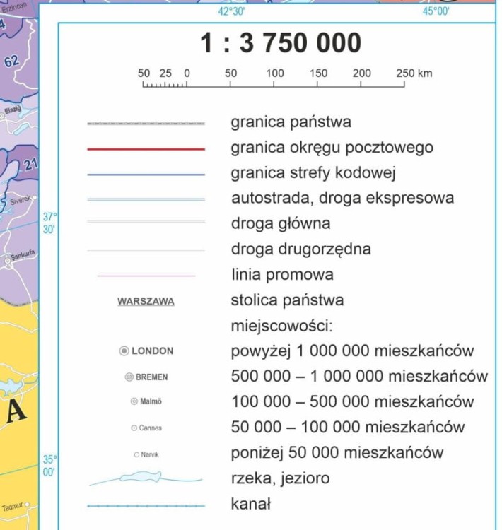 Europa 1:3 750 000. Mapa. Kody pocztowe. Język polski. Wersja magnetyczna. Legenda