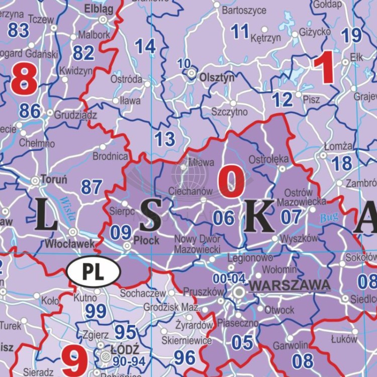 Europa 1:3 000 000. Mapa. Kody pocztowe. Język polski. Wersja magnetyczna. Fragment 1
