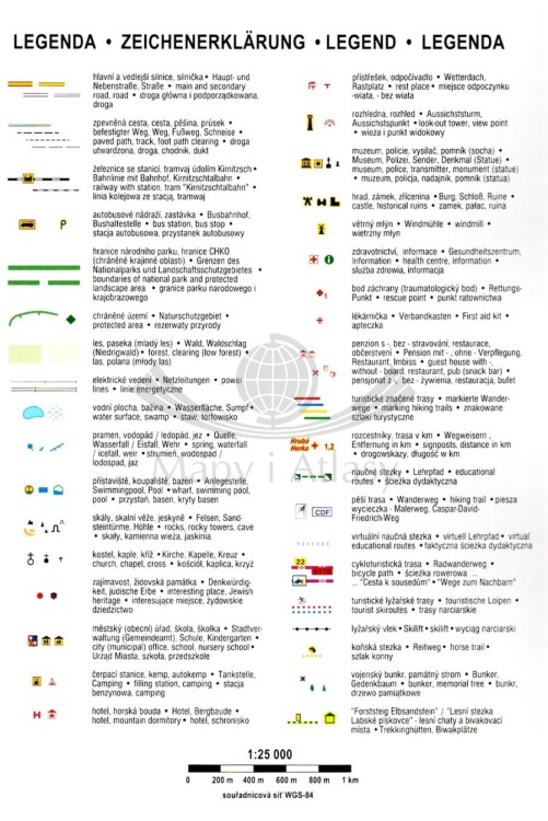 Łabskie piaskowce, Czeska i Saksońska Szwajcaria, Góry Łużyckie / Labske piskovce, Ceske a Saske Svycarsko, Luzicke Hory 1: 25 000. Atlas turystyczny wydawnictwa  Kartografie HP. Legenda