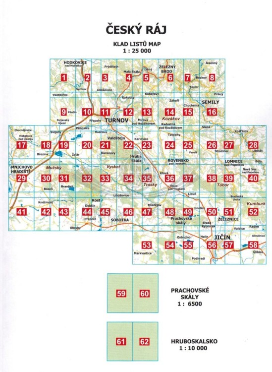 Czeski Raj / Cesky Raj 1: 25 000. Atlas turystyczny wydawnictwa  Kartografie HP.  Skorowidz arkuszy