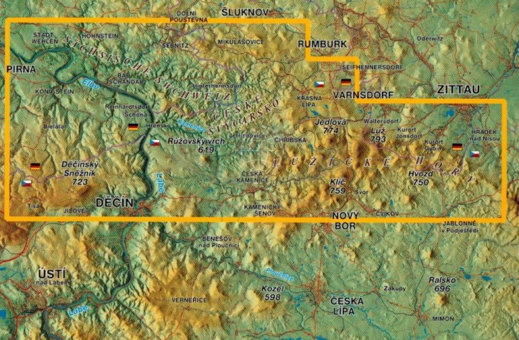 Łabskie piaskowce, Czeska i Saksońska Szwajcaria, Góry Łużyckie / Labske piskovce, Ceske a Saske Svycarsko, Luzicke Hory 1: 25 000. Atlas turystyczny wydawnictwa  Kartografie HP. Zasięg