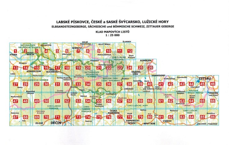 Łabskie piaskowce, Czeska i Saksońska Szwajcaria, Góry Łużyckie / Labske piskovce, Ceske a Saske Svycarsko, Luzicke Hory 1: 25 000. Atlas turystyczny wydawnictwa  Kartografie HP. Skorowidz arkuszy