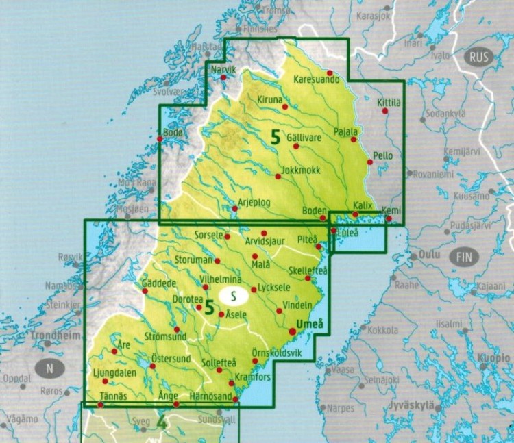 Szwecja Północna / Schweden Nord, Schwedisch Lappland, Umea, Ostersund 1:400 000. Mapa samochodowa 5 wydawnictwa Freytag & Berndt. Zasięg