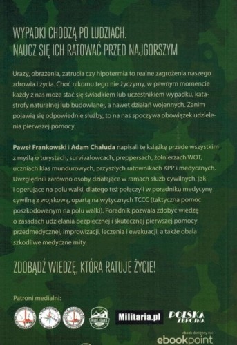 Pierwsza pomoc przedmedyczna: outdoor, survival, wojna. Poradnik wydawnictwa Bezdroża. Okładka - tył