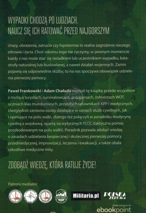 Pierwsza pomoc przedmedyczna: outdoor, survival, wojna. Poradnik wydawnictwa Bezdroża. Okładka - tył