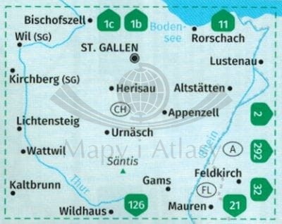 Appenzellerland St. Gallen, Santis 1:40 000. Wodoodporna mapa turystyczna 112 wydawnictwa Kompass. Zasięg