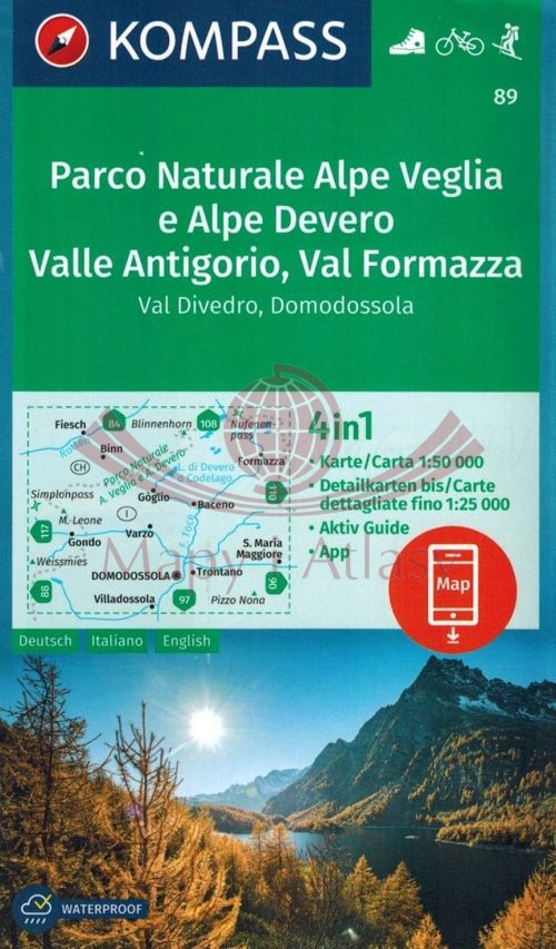 Parco Naturale Alpe Veglia e Alpe Devero Valle Antigorio, Val Formazza. Wodoodporna mapa turystyczna 89. Kompass