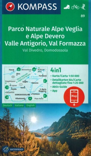 Parco Naturale Alpe Veglia e Alpe Devero Valle Antigorio, Val Formazza. Wodoodporna mapa turystyczna 89 wydawnictwa Kompass. Okładka