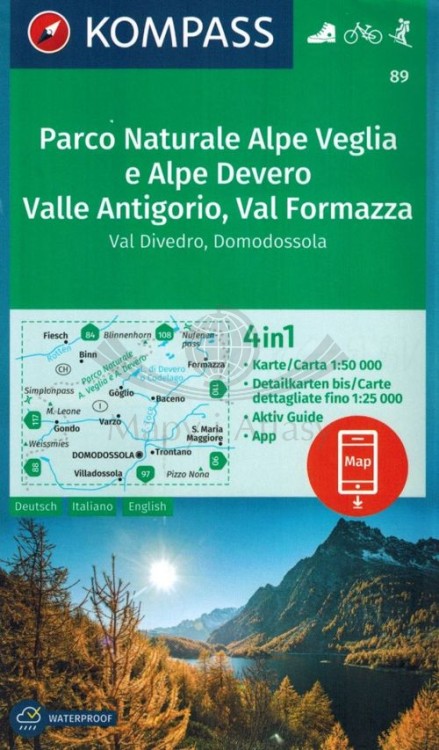 Parco Naturale Alpe Veglia e Alpe Devero Valle Antigorio, Val Formazza. Wodoodporna mapa turystyczna 89 wydawnictwa Kompass. Okładka