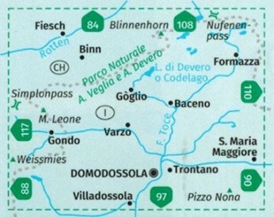 Parco Naturale Alpe Veglia e Alpe Devero Valle Antigorio, Val Formazza. Wodoodporna mapa turystyczna 89 wydawnictwa Kompass. Zasięg