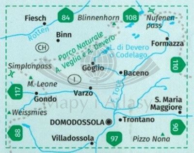 Parco Naturale Alpe Veglia e Alpe Devero Valle Antigorio, Val Formazza. Wodoodporna mapa turystyczna 89 wydawnictwa Kompass. Zasięg