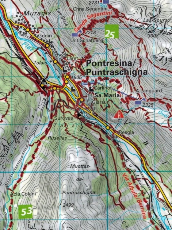 Oberengadin, alta Engadina / Górna Engadyna 1:40 000. Wodoodporna mapa turystyczna 99 wydawnictwa Kompass. Fragment 2