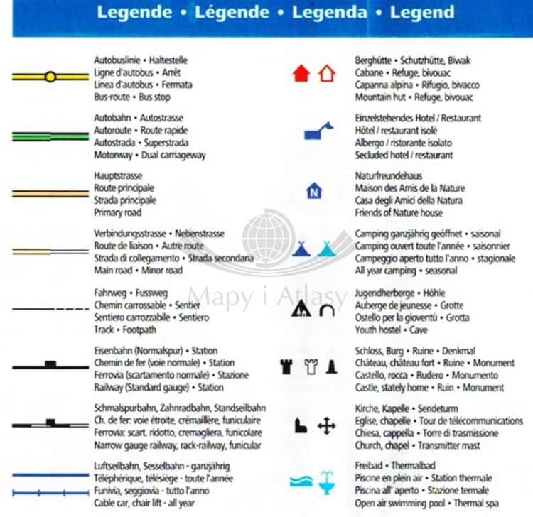 Oberengadin, alta Engadina / Górna Engadyna 1:40 000. Wodoodporna mapa turystyczna 99 wydawnictwa Kompass. Legenda 1