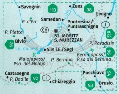 Oberengadin, alta Engadina / Górna Engadyna 1:40 000. Wodoodporna mapa turystyczna 99 wydawnictwa Kompass. Zasięg