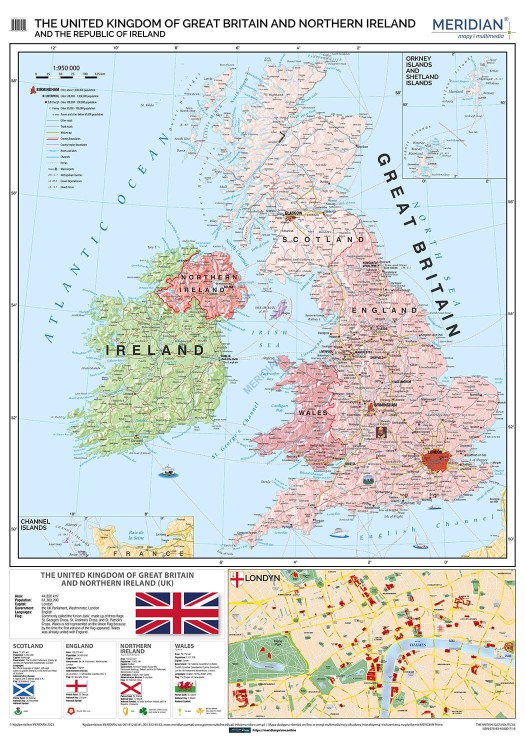 Wielka Brytania i Irlandia 1:950 000. Mapa ścienna polityczna. Drewniane półwałki wydawnictwa Meridian.