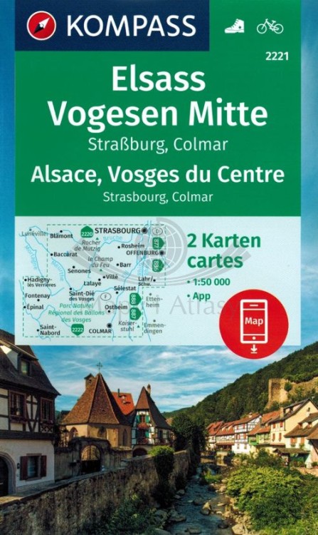 Alzacja, Wogezy cz. środkowa, Strassburg, Colmar /Elsass, Vogesen Mitte. Zestaw dwóch map turystycznych 2221 wydawnictwa Kompass. Okładka zestawu