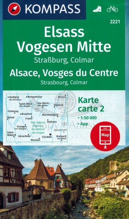 Alzacja, Wogezy cz. środkowa, Strassburg, Colmar /Elsass, Vogesen Mitte. Zestaw dwóch map turystycznych 2221 wydawnictwa Kompass. Mapa druga- Okładka