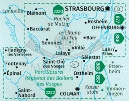 Alzacja, Wogezy cz. środkowa, Strassburg, Colmar /Elsass, Vogesen Mitte. Zestaw dwóch map turystycznych 2221 wydawnictwa Kompass. Zasięg zestawu
