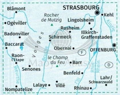 Alzacja, Wogezy cz. środkowa, Strassburg, Colmar /Elsass, Vogesen Mitte. Zestaw dwóch map turystycznych 2221 wydawnictwa Kompass. Mapa pierwsza - Zasięg