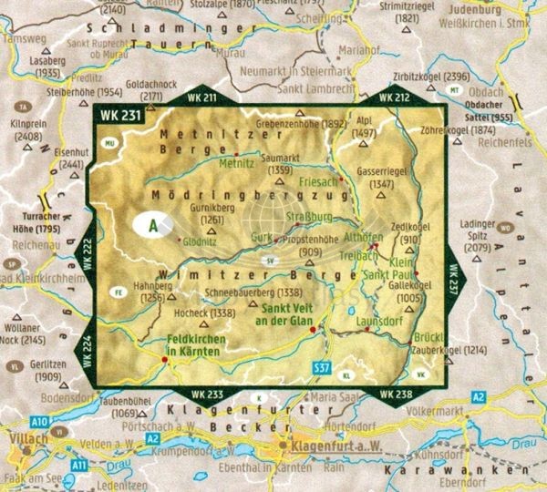 Środkowa Karyntia. Północne okolice Klagenfurtu, Alpy Gurktalskie / Mittelkarnten, Gurktaler Alpen, Friesach, Feldkirchen, St. Veit an der Glan. Mapa turystyczna WK 231 wydawnictwa Freytag & Berndt. Zasięg