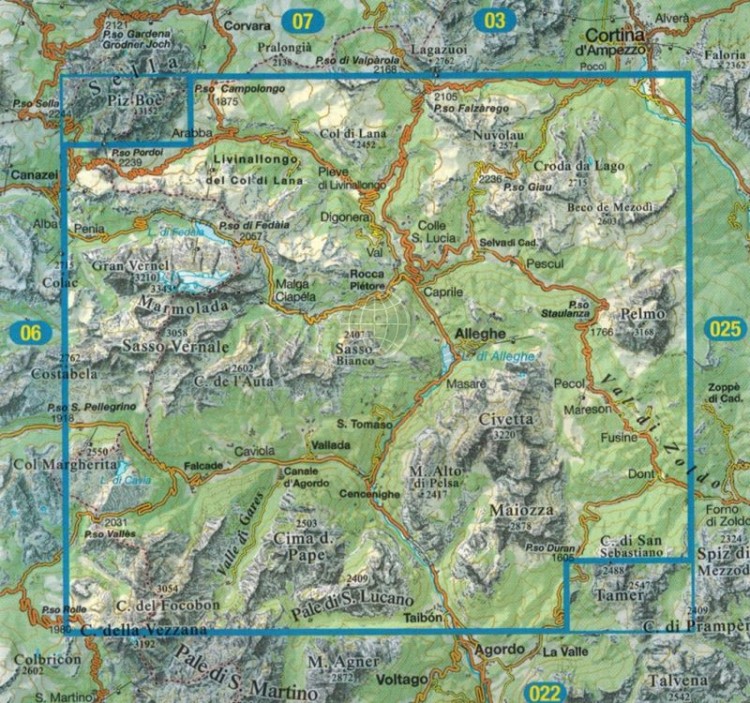 Marmolada, Pelmo, Civetta, Moiazza 1:25 000. Mapa turystyczna 015 wydawnictwaTabacco. Zasięg