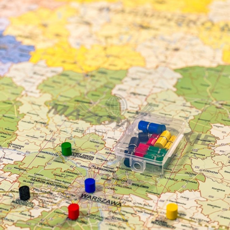 Znaczniki / Magnesy drewniane, neodymowe do oznaczania map. 25 sztuk. Przykład zastosowania