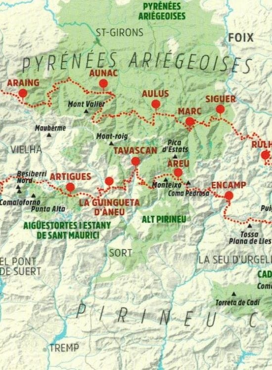 Pireneje 1:350 000. Mapa turystyczna wydawnictwa Editorial Alpina. Fragment mapy szlaków długodystansowych