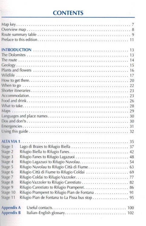 Alta Via 1 - Trekking in the Dolomites. Przewodnik wydawnictwa Cicerone. Spis treści