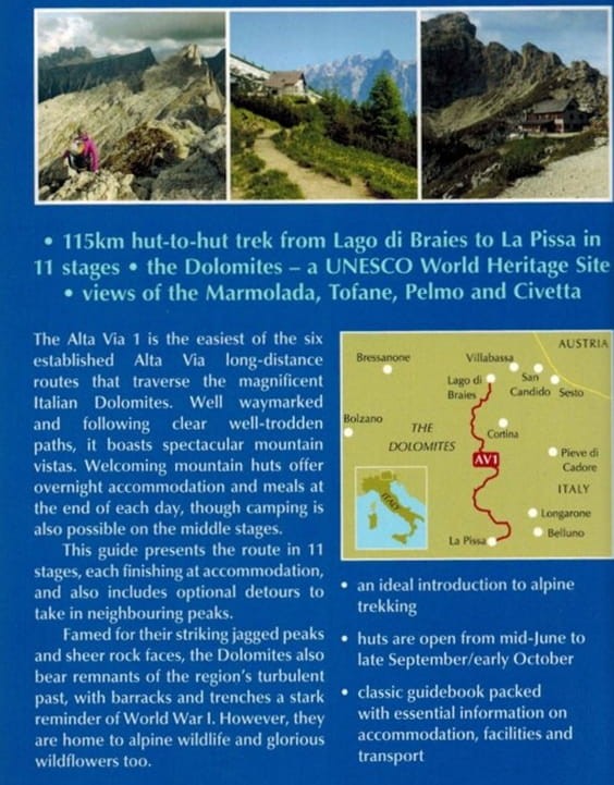 Alta Via 1 - Trekking in the Dolomites. Przewodnik wydawnictwa Cicerone. Okładka - tył