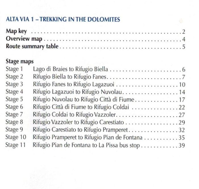 Alta Via 1 - Trekking in the Dolomites. Przewodnik wydawnictwa Cicerone. Broszura z mapami -  spis treści