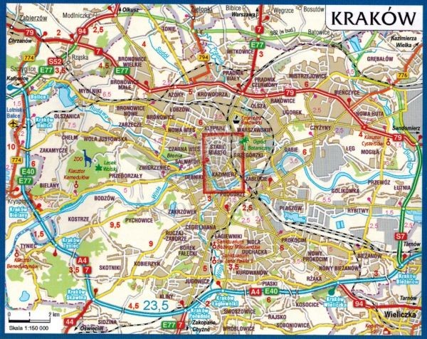 Kraków Stare Miasto i Kazimierz 1: 4000. Laminowana mapa / plan miast wydawnictwa Gauss. Zasięg