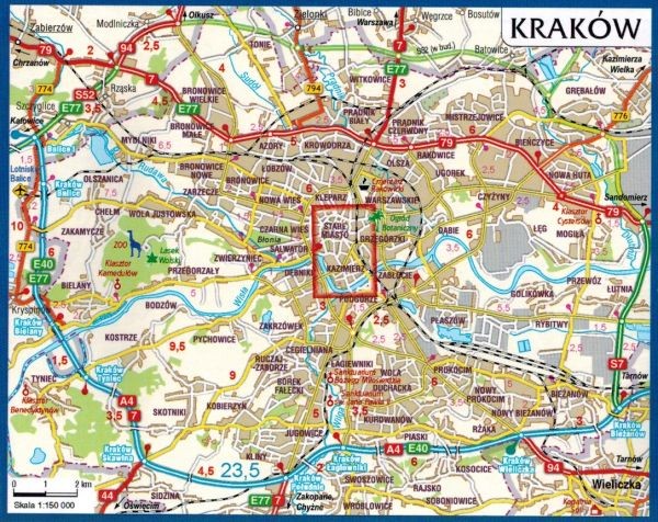 Kraków Stare Miasto i Kazimierz 1: 4000. Mapa / plan miast wydawnictwa Gauss.  Zasięg