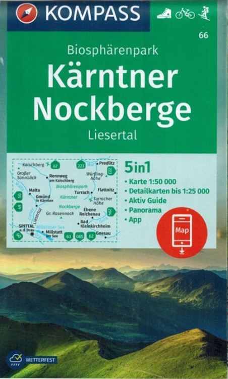 Kärntner, Nockberge. Wodoodporna mapa turystyczna 66 wydawnictwa Kompass. Okładka