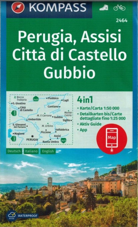 Perugia, Assisi, Cita di Castello, Gubbio. Wodoodporna mapa turystyczna 2464 wydawnictwa Kompass. Okładka