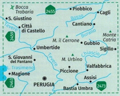 Perugia, Assisi, Cita di Castello, Gubbio. Wodoodporna mapa turystyczna 2464 wydawnictwa Kompass. Zasięg