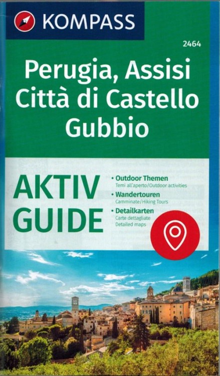 Perugia, Assisi, Cita di Castello, Gubbio. Wodoodporna mapa turystyczna 2464 wydawnictwa Kompass. Mini przewodnik okładka