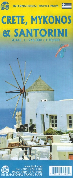 Kreta, Mykonos i Santorini . Wodoodporna mapa samochodowa wydawnictwa ITMB. Okładka