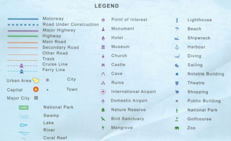 Kreta, Mykonos i Santorini . Wodoodporna mapa samochodowa wydawnictwa ITMB. Legenda