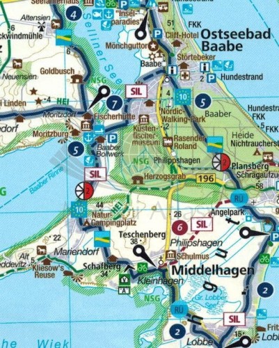 Rugia, Stralsund, Greifswald 1:70 000. Wodoodporna mapa turystyczna, rowerowa 3319 wydawnictwa Kompass. Fragment 1