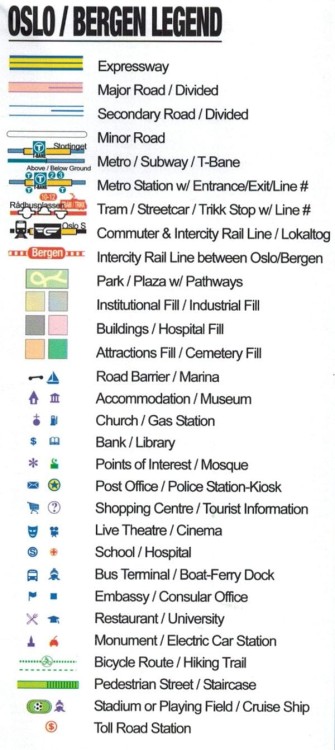Oslo i Bergen / Południowa Norwegia. Wodoodporny plan miasta / Mapa samochodowo-turystyczna wydawnictwa ITMB. Legenda