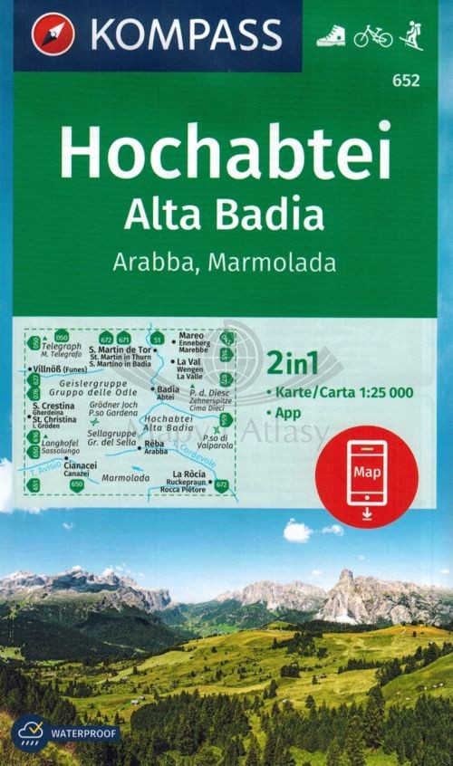 Hochabtei, Alta Badia, Arabba, Marmolada. Wodoodporna mapa turystyczna 652.Kompass